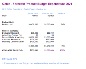 Marketing Plan Budget report in AdSim