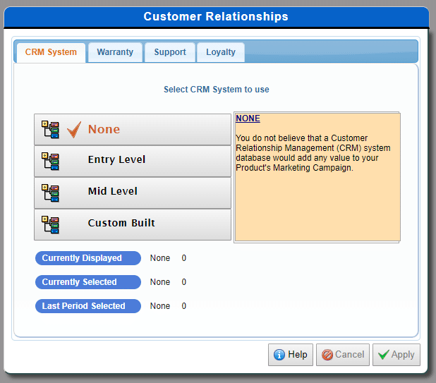 Customer Relationship Management Decisions tab in AdSim Advertising Simulation showing decision screens