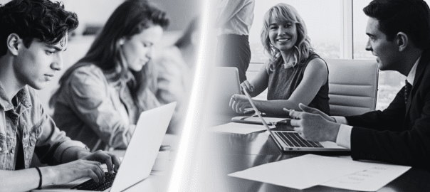 This image shows transition from being a student in a classroom to the office boardroom